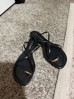 Jeffrey Campbell Black Strappy Toe-Ring Sandals with Gold Accent